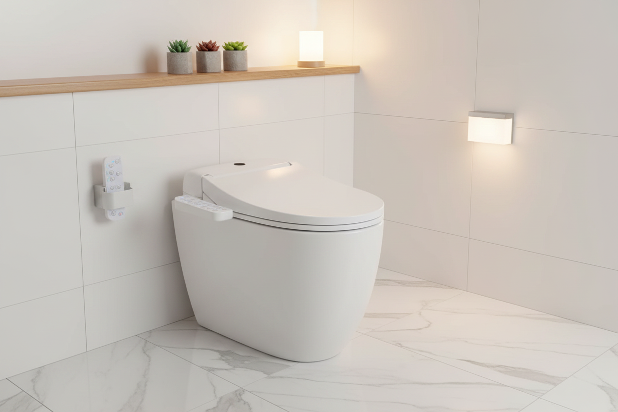 AMAZINGBIDET electric bidet seat installed in a modern luxury bathroom — Warmth. Hygiene. Comfort.