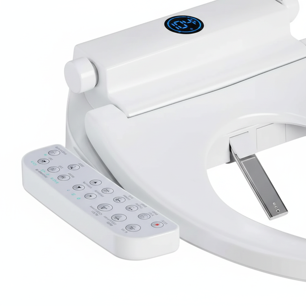 Close-up of AMAZINGBIDET self-cleaning nozzle and side control panel — Pure Hygiene